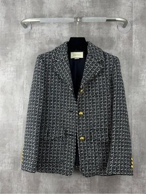 Authentic Gucci Black & White GG Pattern Wool Blend Blazer